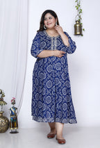 Plus Size Blue Bandhani Print Flared Long Kurta-400005