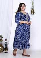 Plus Size Blue Bandhani Print Flared Long Kurta-400005