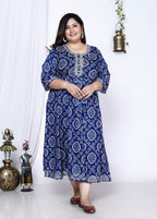 Plus Size Blue Bandhani Print Flared Long Kurta-400005