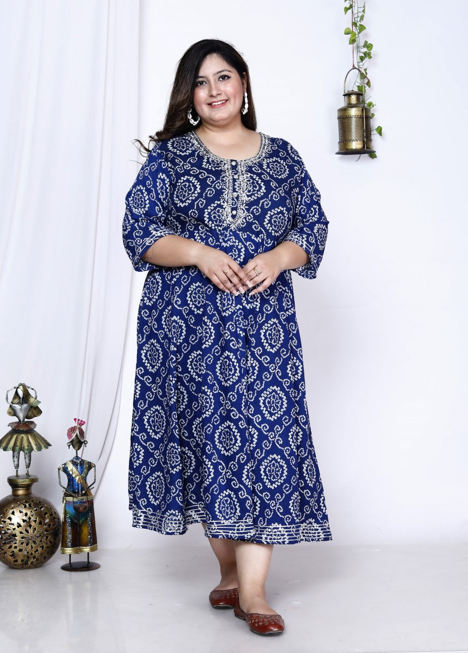 Plus Size Blue Bandhani Print Flared Long Kurta-400005