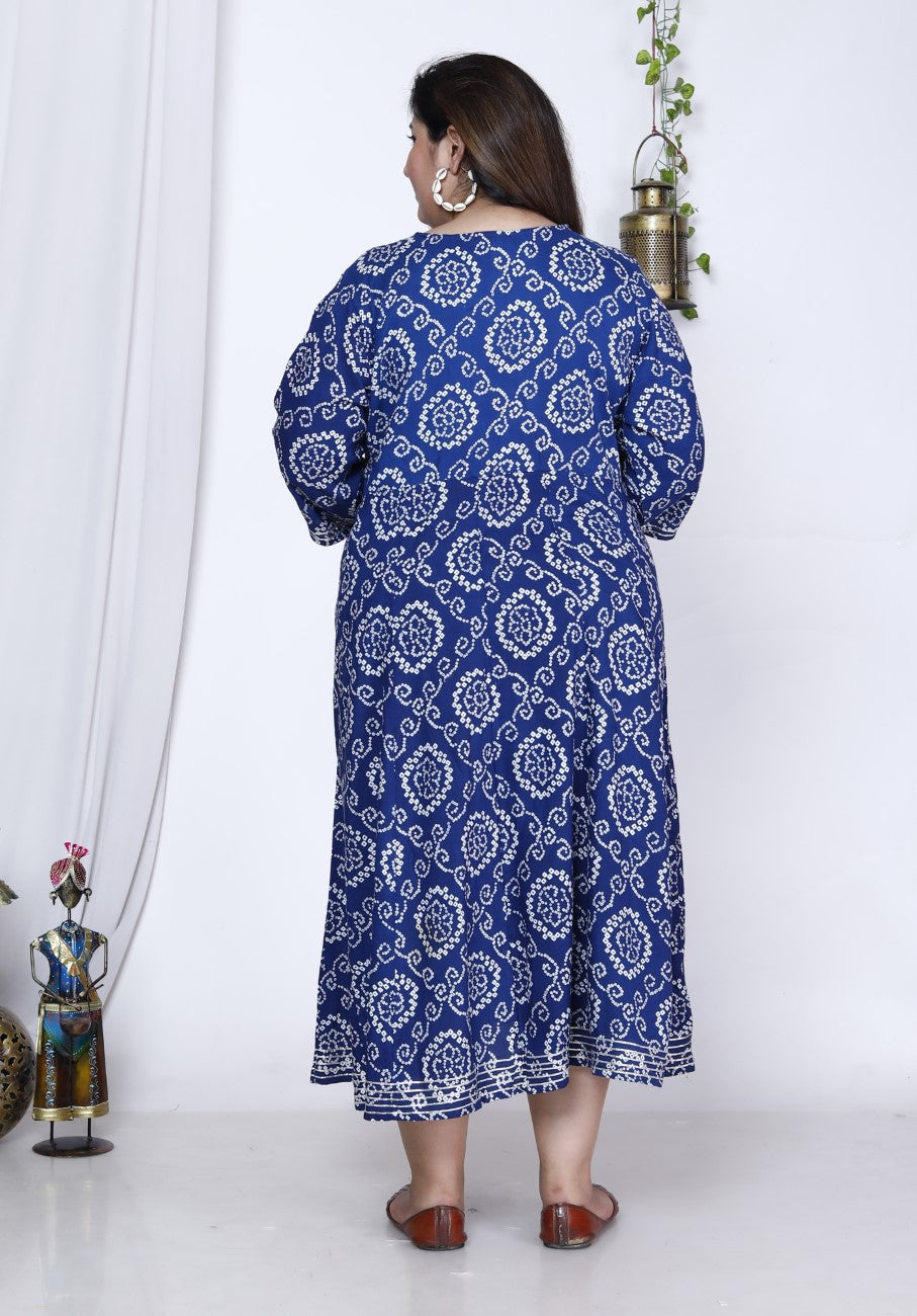 Plus Size Blue Bandhani Print Flared Long Kurta-400005