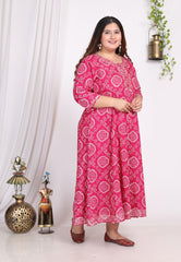 Plus Size Pink Bandhani Print Flared Long Dress -400006