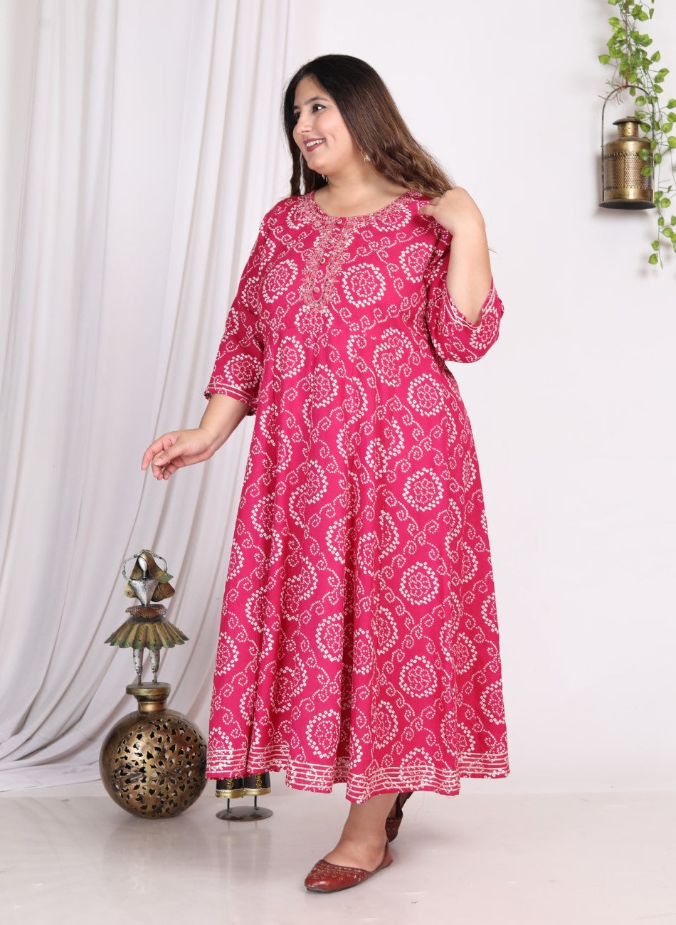 Plus Size Pink Bandhani Print Flared Long Dress -400006