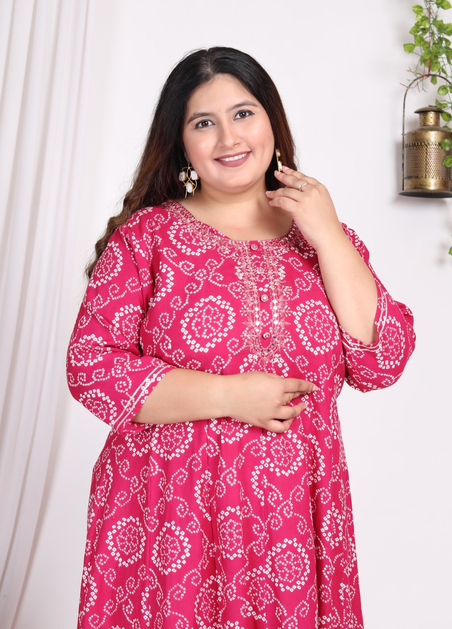 Plus Size Pink Bandhani Print Flared Long Dress -400006