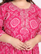Plus Size Pink Bandhani Print Flared Long Dress -400006