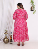 Plus Size Pink Bandhani Print Flared Long Dress -400006