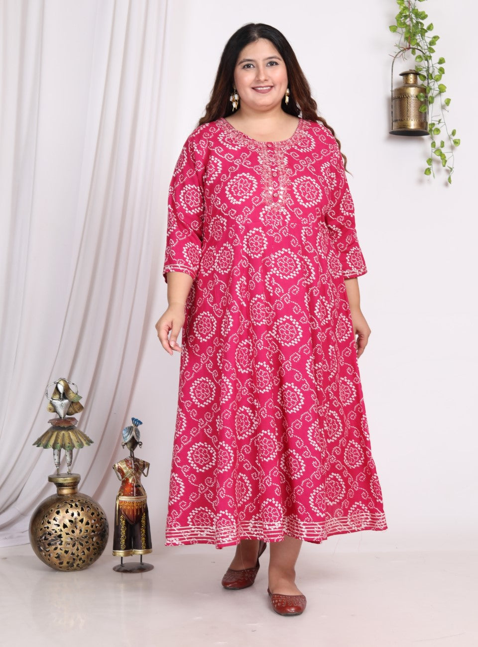 Plus Size Pink Bandhani Print Flared Long Dress -400006