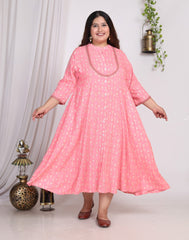 Plus Size Pink Floral Print A line Long Dress-400007