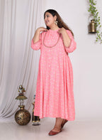Plus Size Pink Floral Print A line Long Dress-400007