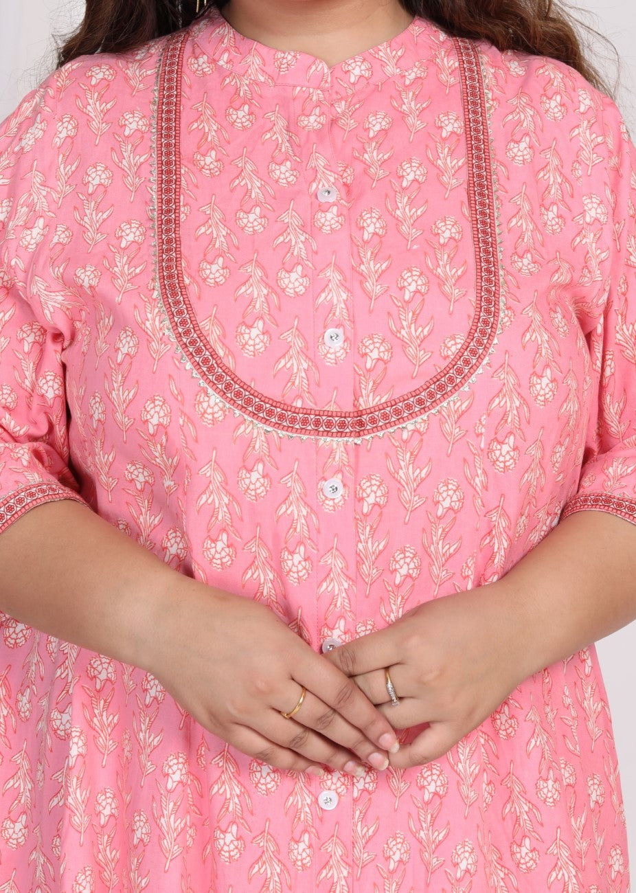 Plus Size Pink Floral Print A line Long Dress-400007