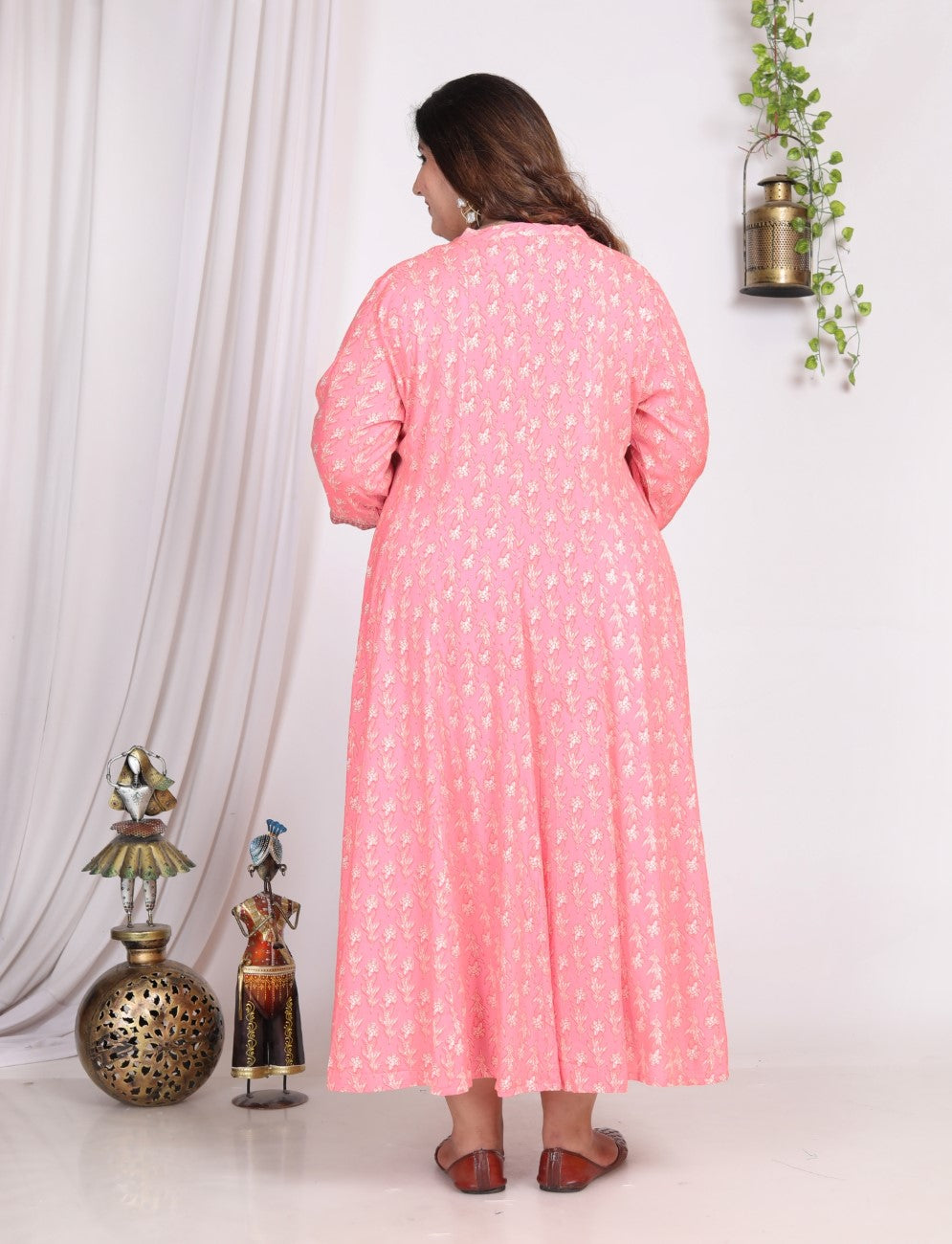 Plus Size Pink Floral Print A line Long Dress-400007