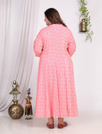 Plus Size Pink Floral Print A line Long Dress-400007