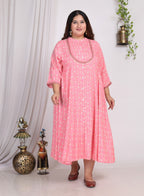 Plus Size Pink Floral Print A line Long Dress-400007