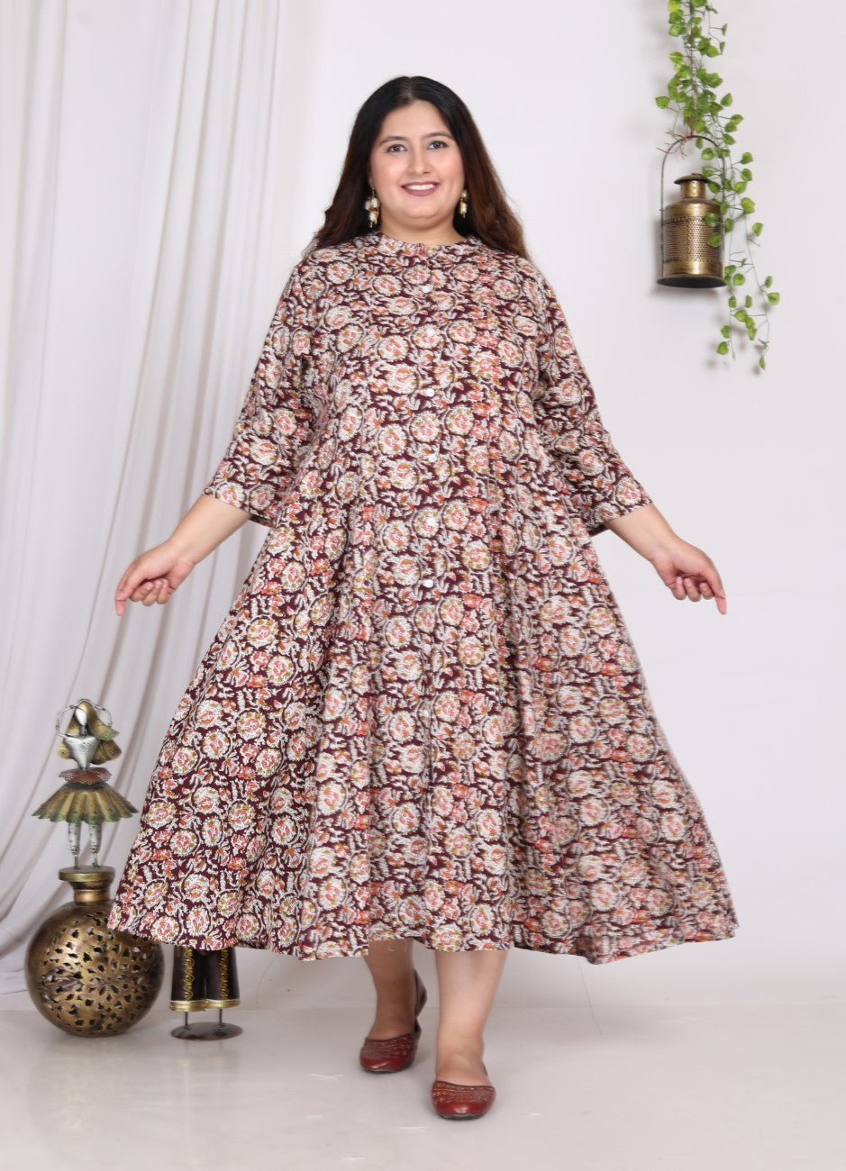 Plus Size Rust Cotton Blend Floral Print A-line Gown-400008 Secondary image
