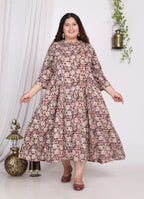 Plus Size Rust Cotton Blend Floral Print A-line Gown-400008