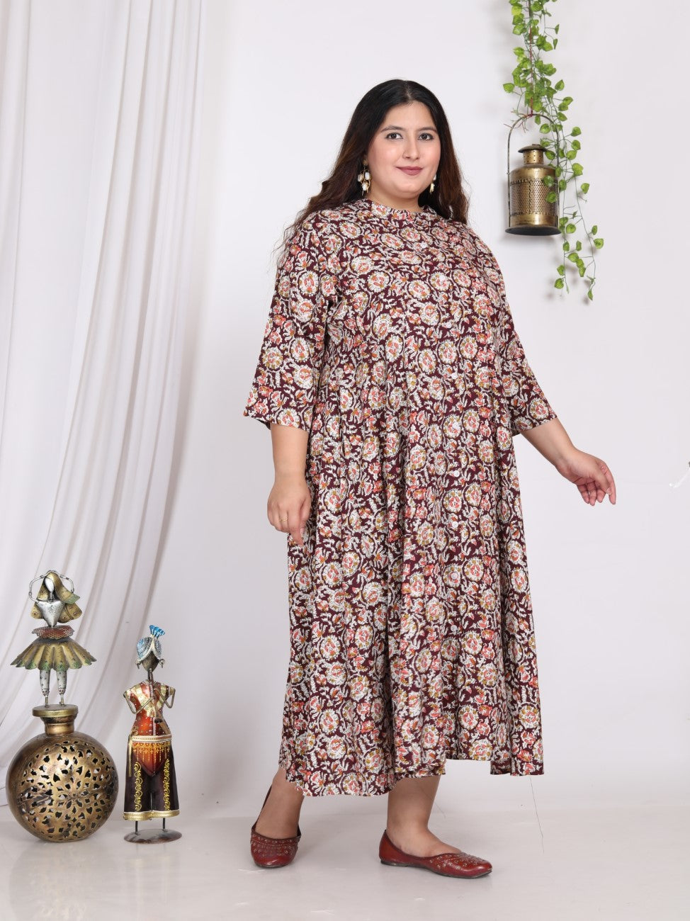 Plus Size Rust Cotton Blend Floral Print A-line Gown-400008