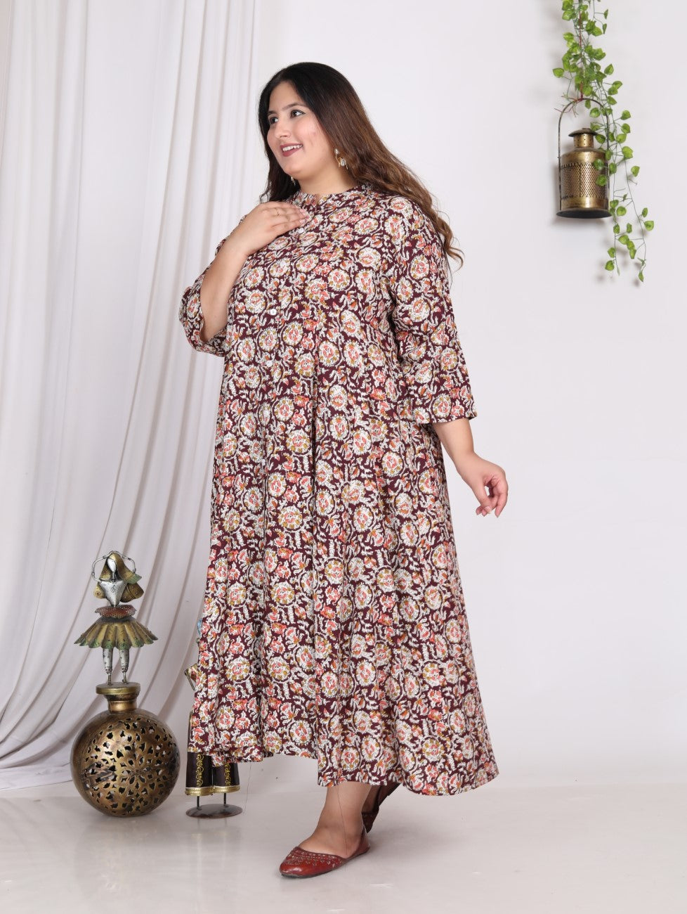 Plus Size Rust Cotton Blend Floral Print A-line Gown-400008