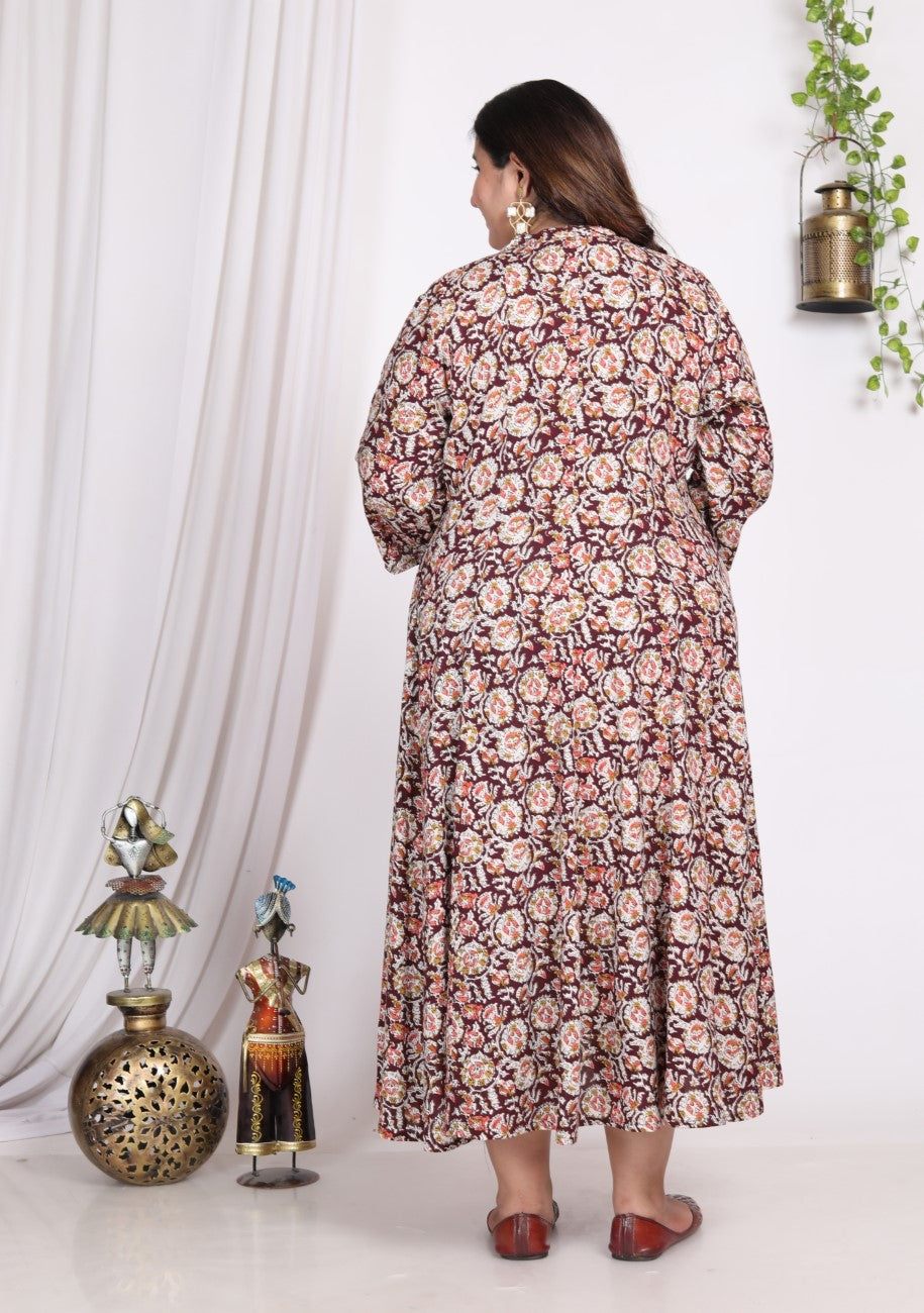 Plus Size Rust Cotton Blend Floral Print A-line Gown-400008