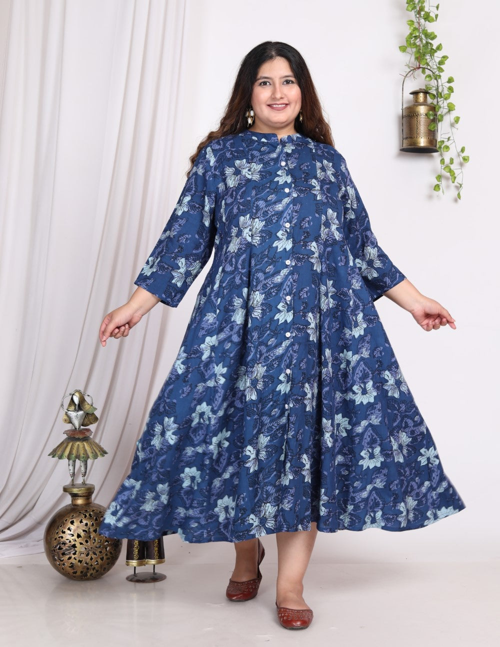 Plus Size Blue Cotton Blend Floral Print A-line Gown-400009