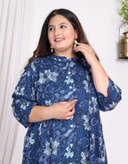 Plus Size Blue Cotton Blend Floral Print A-line Gown-400009