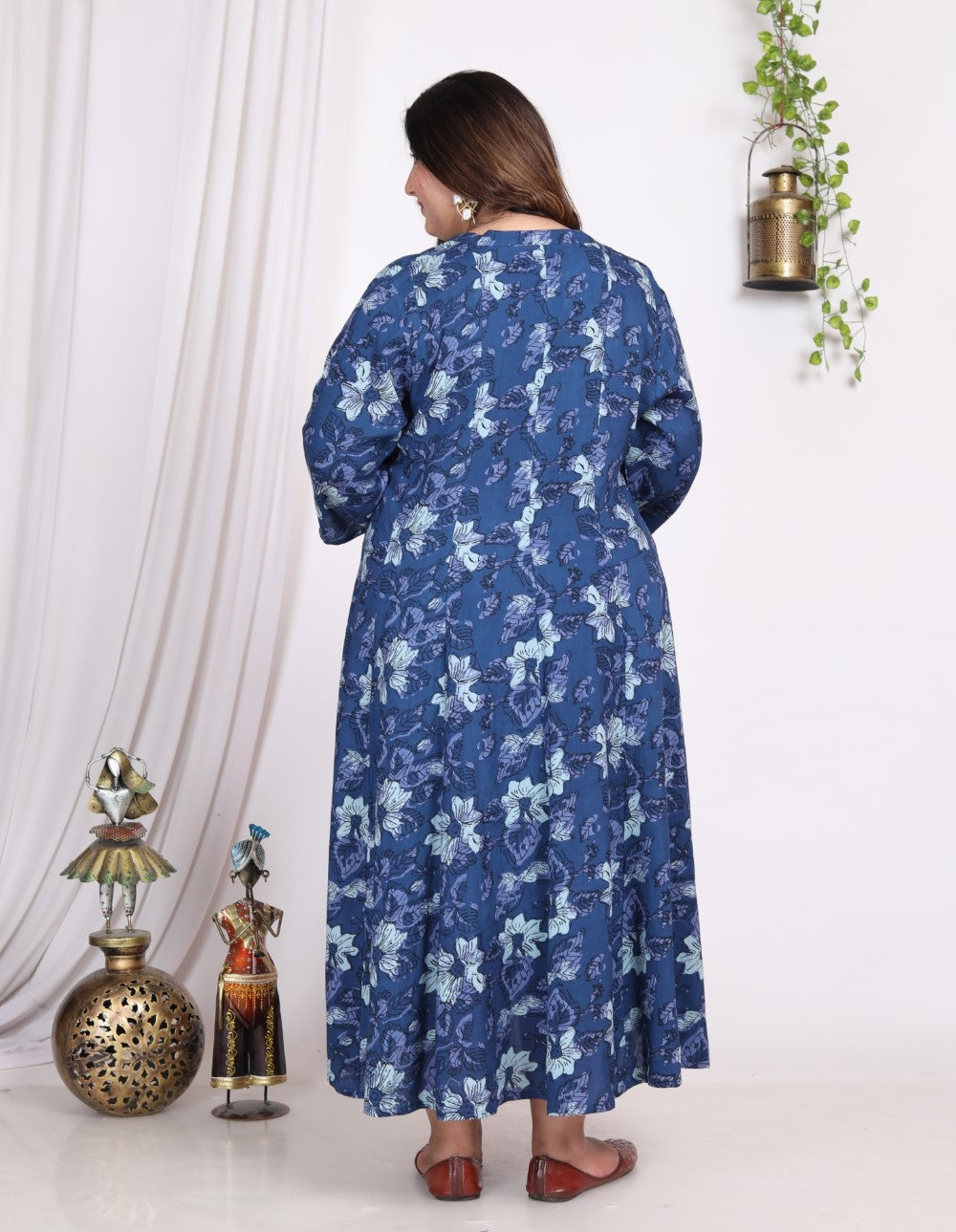 Plus Size Blue Cotton Blend Floral Print A-line Gown-400009