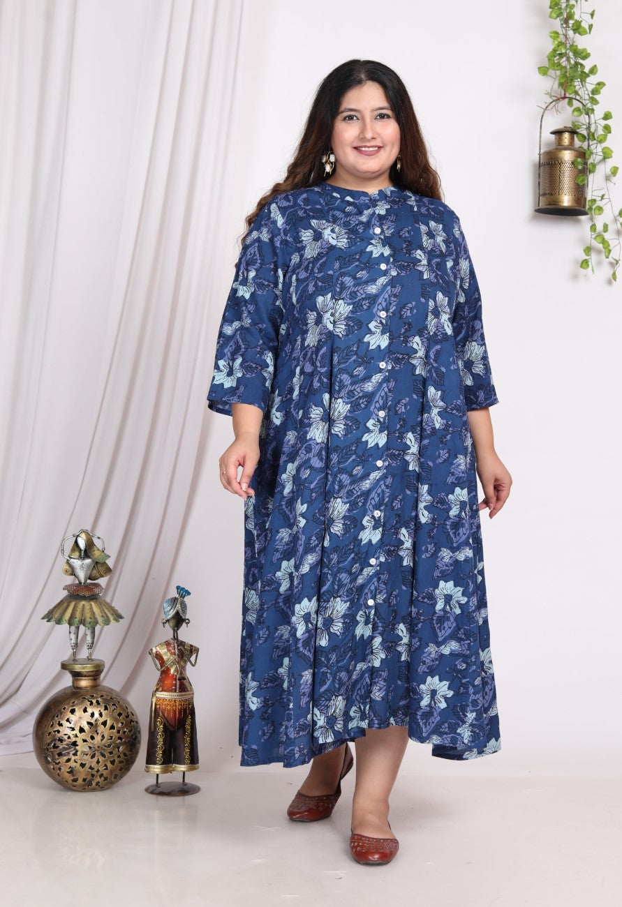 Plus Size Blue Cotton Blend Floral Print A-line Gown-400009