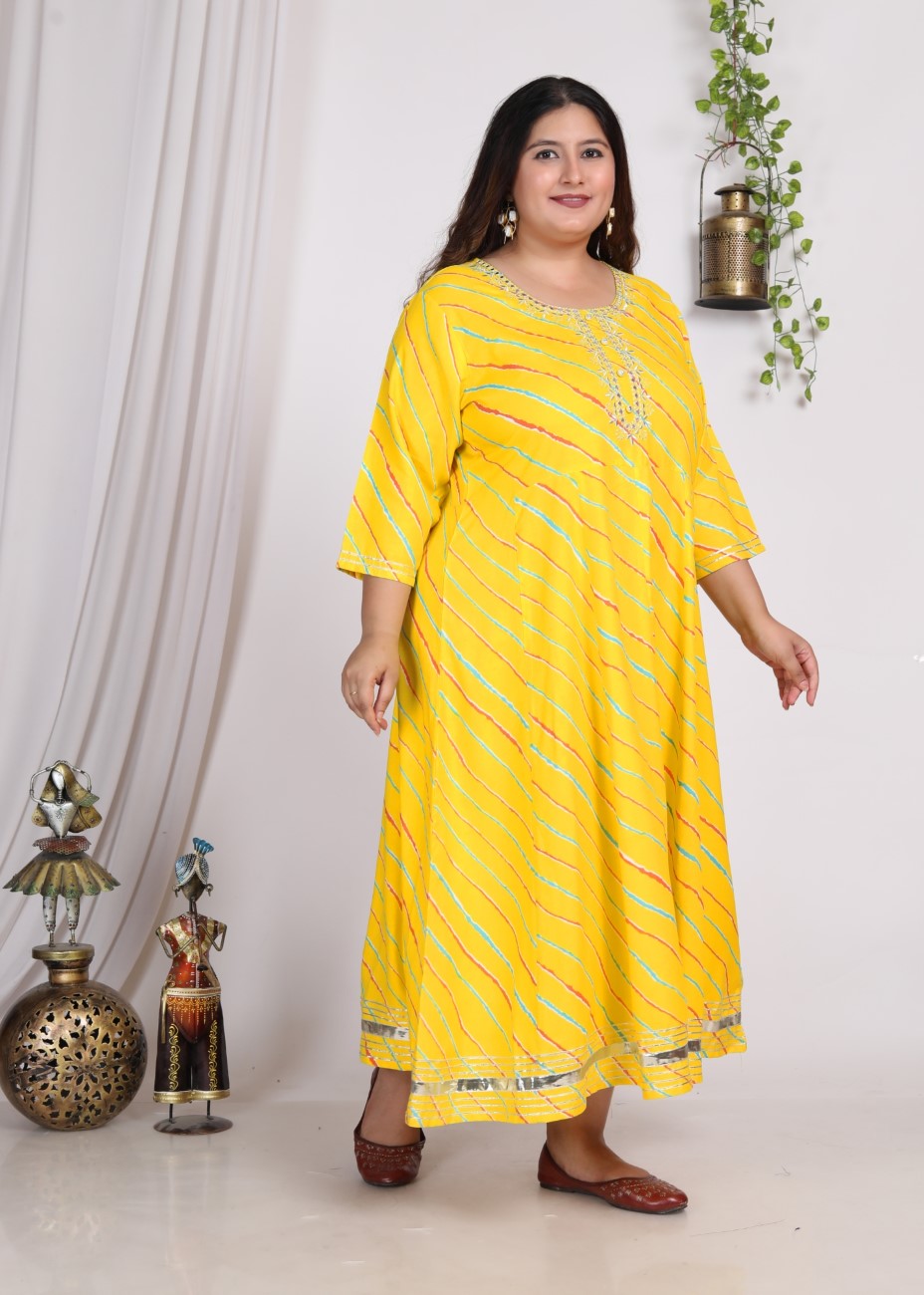 Plus Size Yellow Cotton Blend Lahariya Print Embroidered -400010