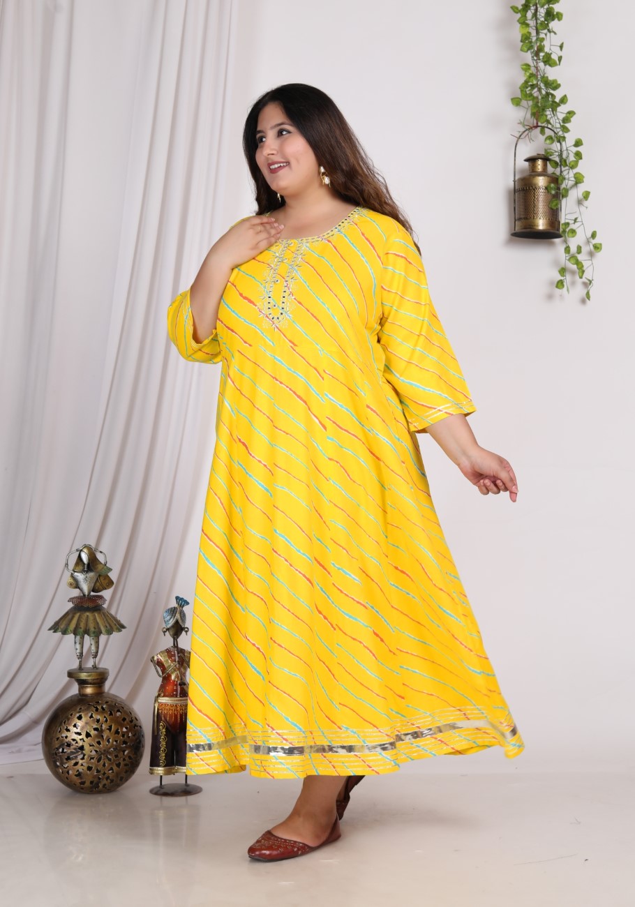 Plus Size Yellow Cotton Blend Lahariya Print Embroidered -400010