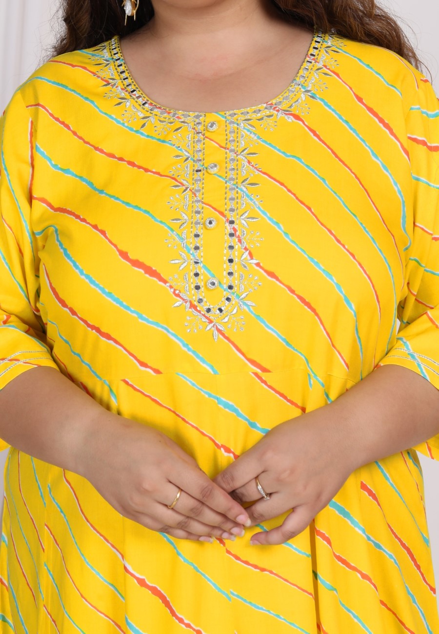 Plus Size Yellow Cotton Blend Lahariya Print Embroidered -400010