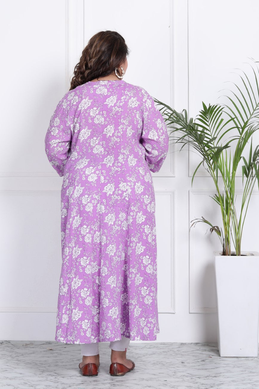 Plus Size Purple Floral Print Flared Long Kurta-400011 Secondary image