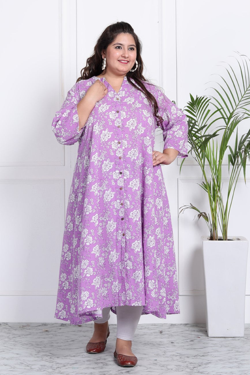 Plus Size Purple Floral Print Flared Long Kurta-400011