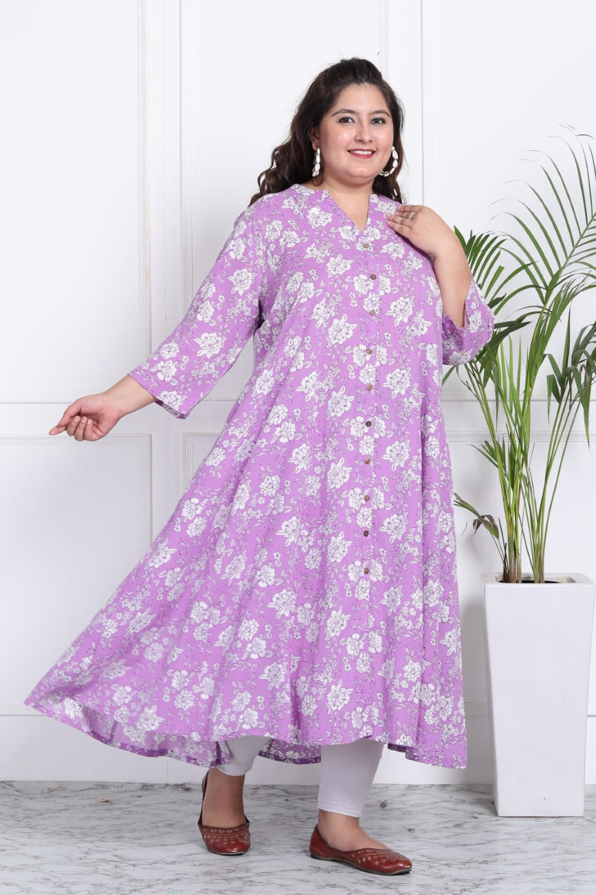 Plus Size Purple Floral Print Flared Long Kurta-400011