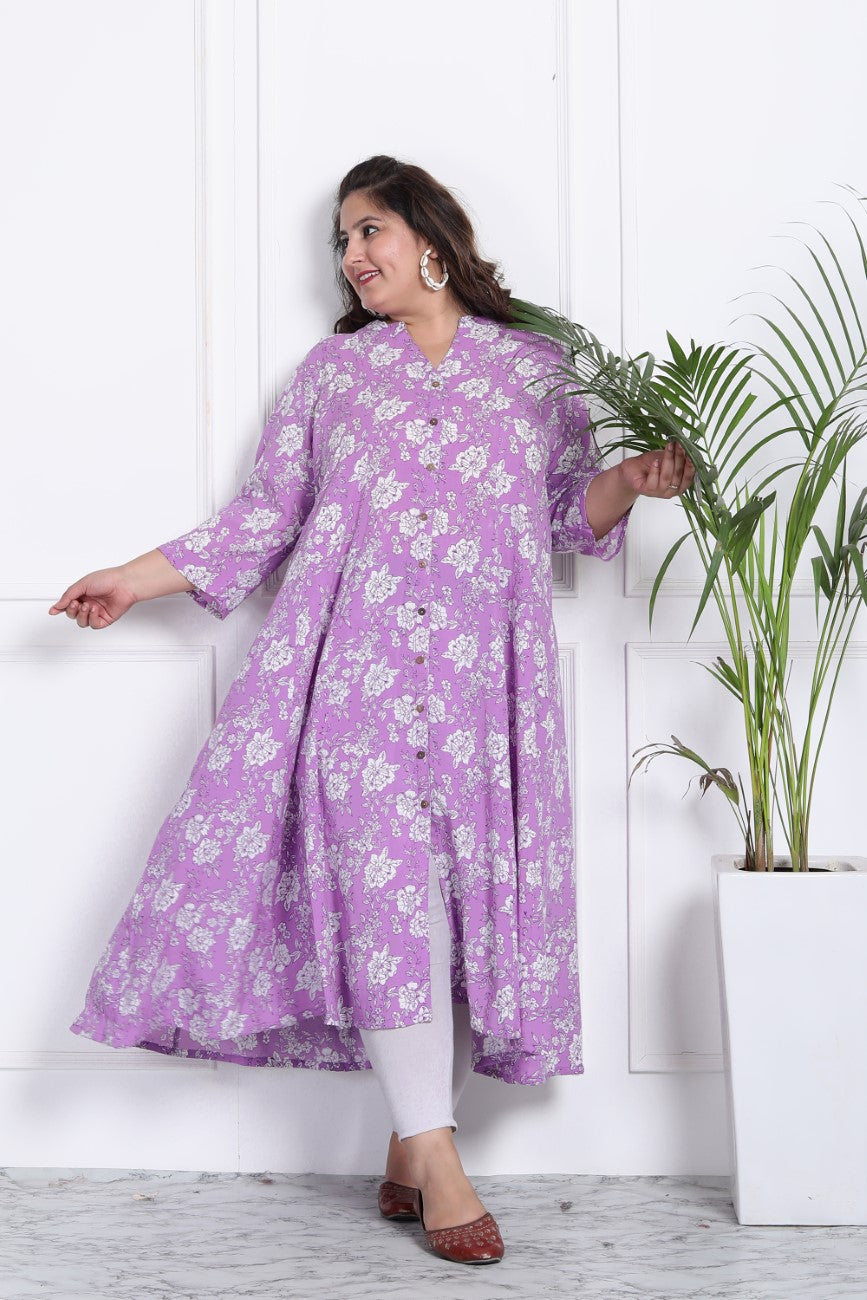 Plus Size Purple Floral Print Flared Long Kurta-400011