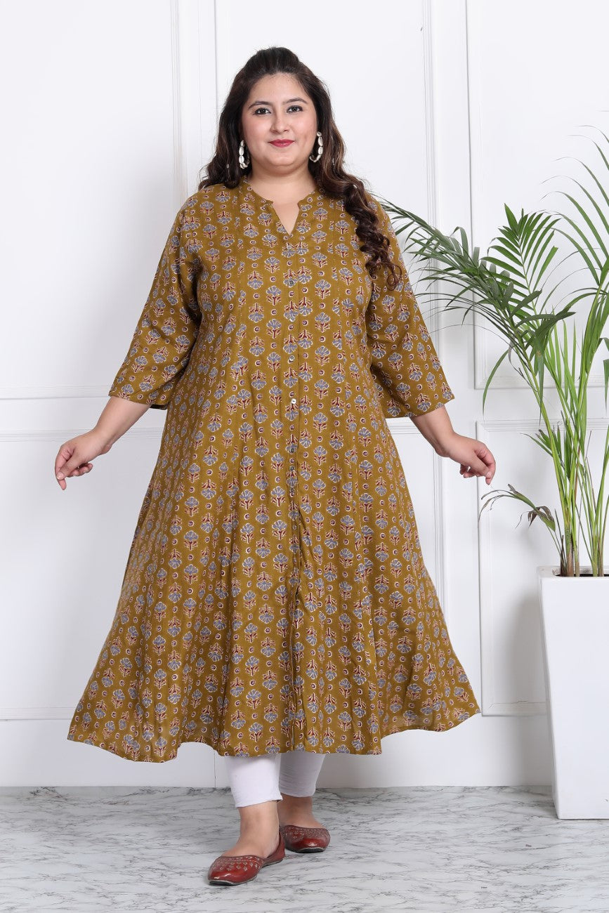 Plus Size Mustard Floral Print Flared Long Kurta-400012 Secondary image