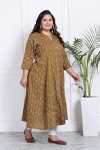 Plus Size Mustard Floral Print Flared Long Kurta-400012