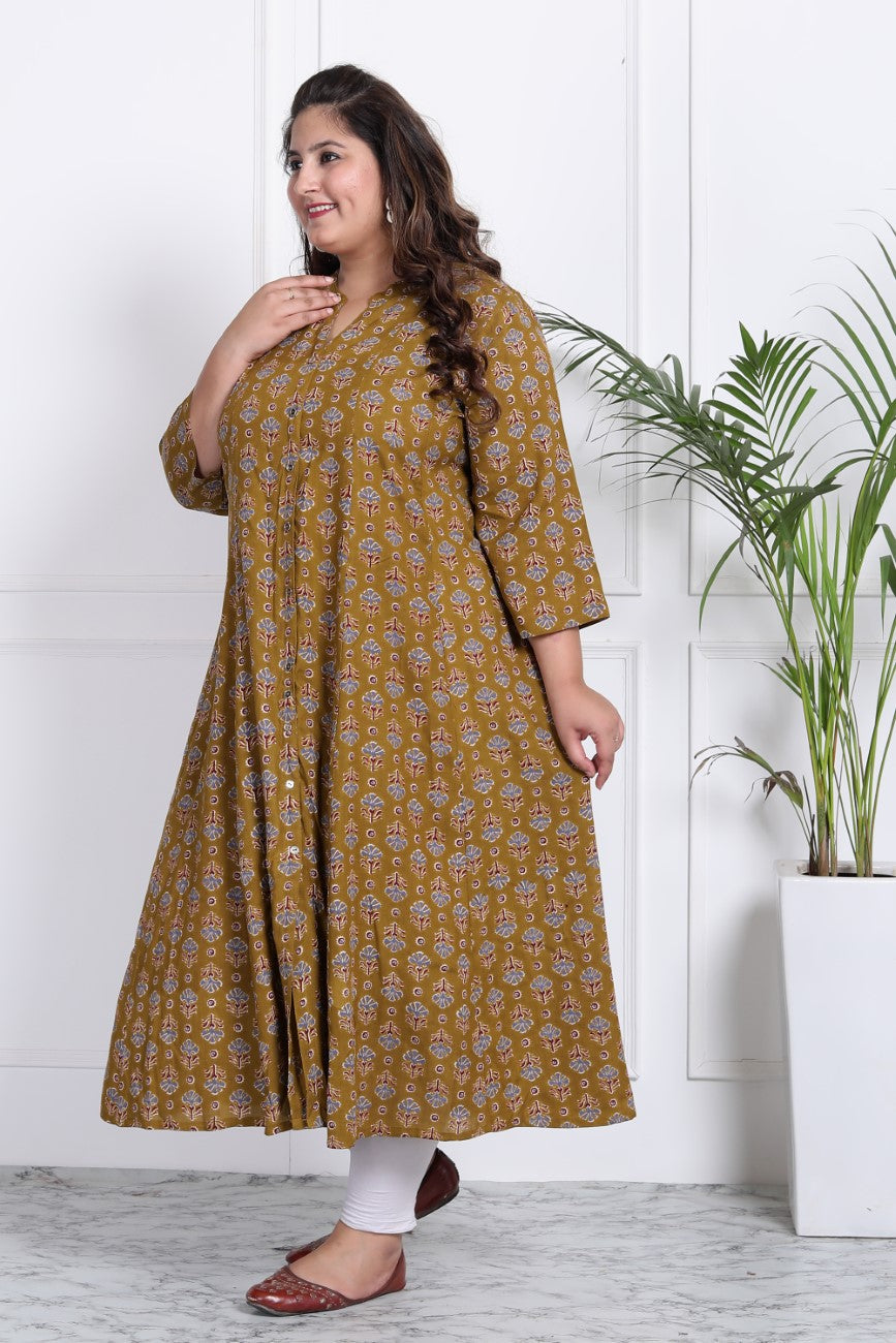 Plus Size Mustard Floral Print Flared Long Kurta-400012