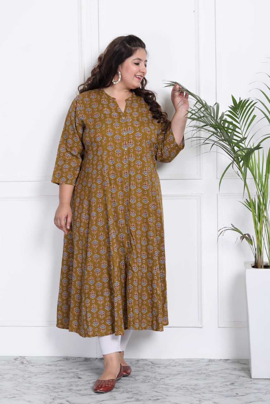 Plus Size Mustard Floral Print Flared Long Kurta-400012