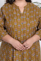 Plus Size Mustard Floral Print Flared Long Kurta-400012