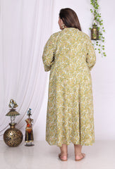 Plus Size Green Floral Print Flared Long Kurta-400013