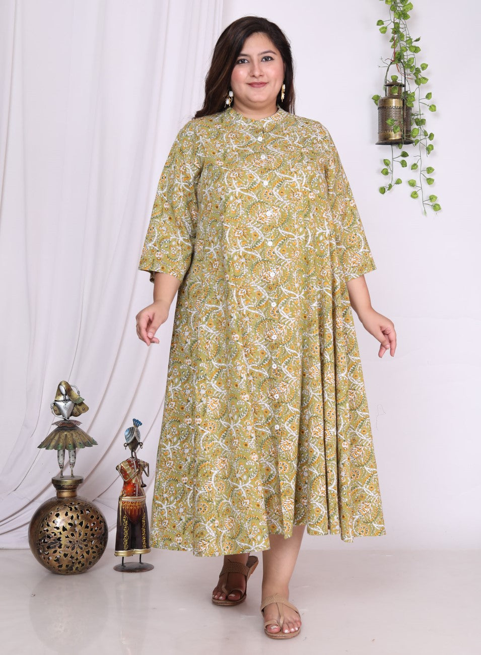 Plus Size Green Floral Print Flared Long Kurta-400013