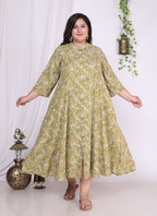 Plus Size Green Floral Print Flared Long Kurta-400013
