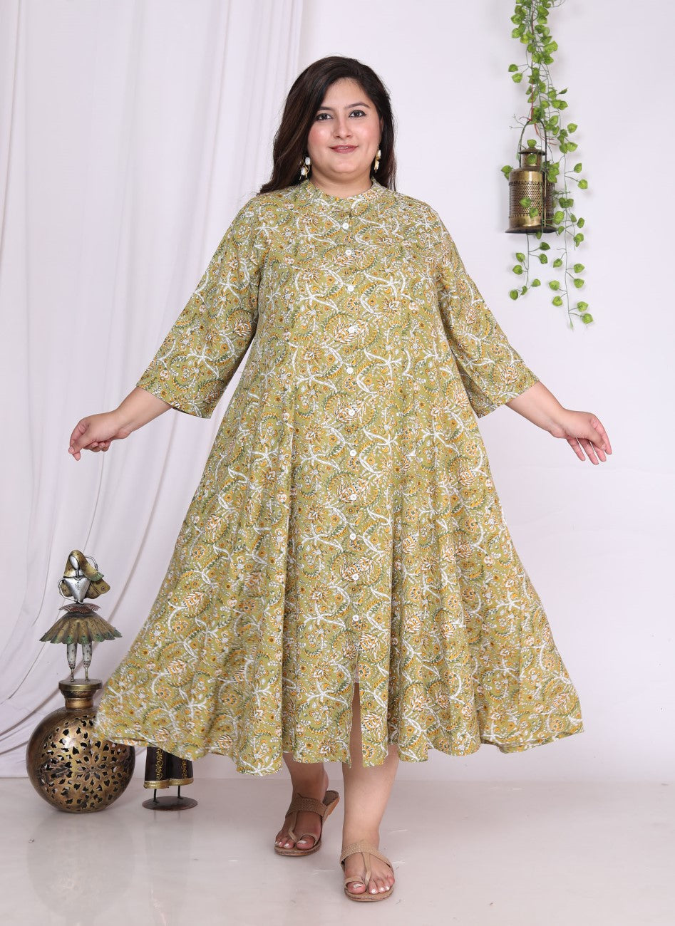 Plus Size Green Floral Print Flared Long Kurta-400013