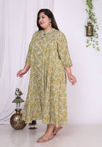 Plus Size Green Floral Print Flared Long Kurta-400013