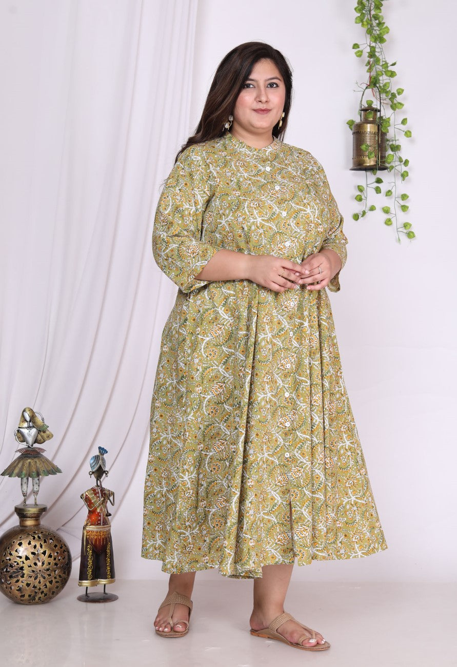 Plus Size Green Floral Print Flared Long Kurta-400013