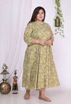 Plus Size Green Floral Print Flared Long Kurta-400013