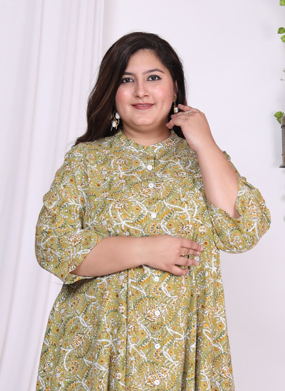 Plus Size Green Floral Print Flared Long Kurta-400013