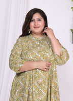 Plus Size Green Floral Print Flared Long Kurta-400013