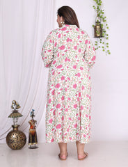 Plus Size White Floral Print Flared Long Kurta-400014