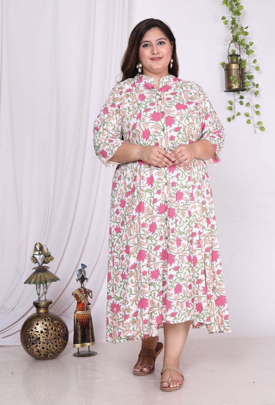 Plus Size White Floral Print Flared Long Kurta-400014 Main image