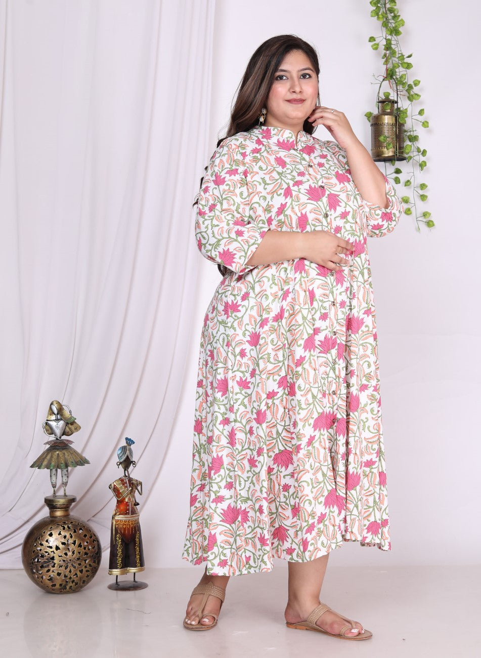 Plus Size White Floral Print Flared Long Kurta-400014